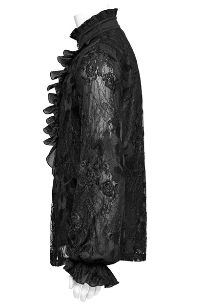 Black Stand Collar Lantern Sleeves Print Ruffle Lace Gothic Blouse