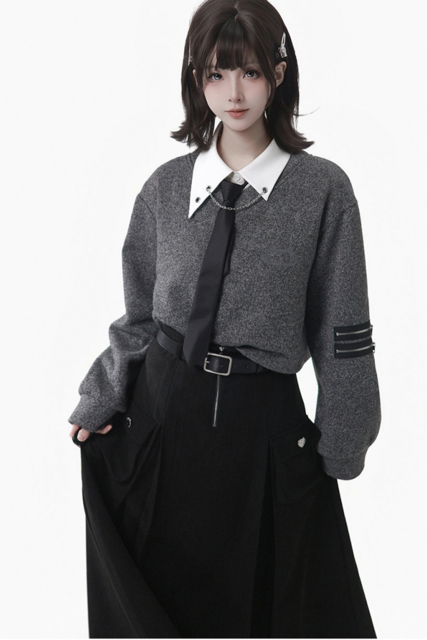 Gray Winter Preppy College Long Top + Short Top + Skirt + Pants + Shirt