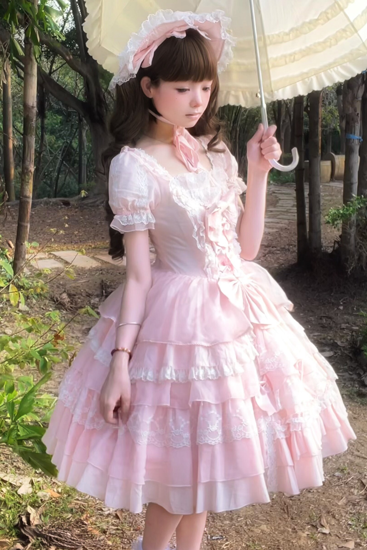 Sweetheart Ruffle Ribbon Lolita Dress + Bnt + Necklace + Princess Sleeve