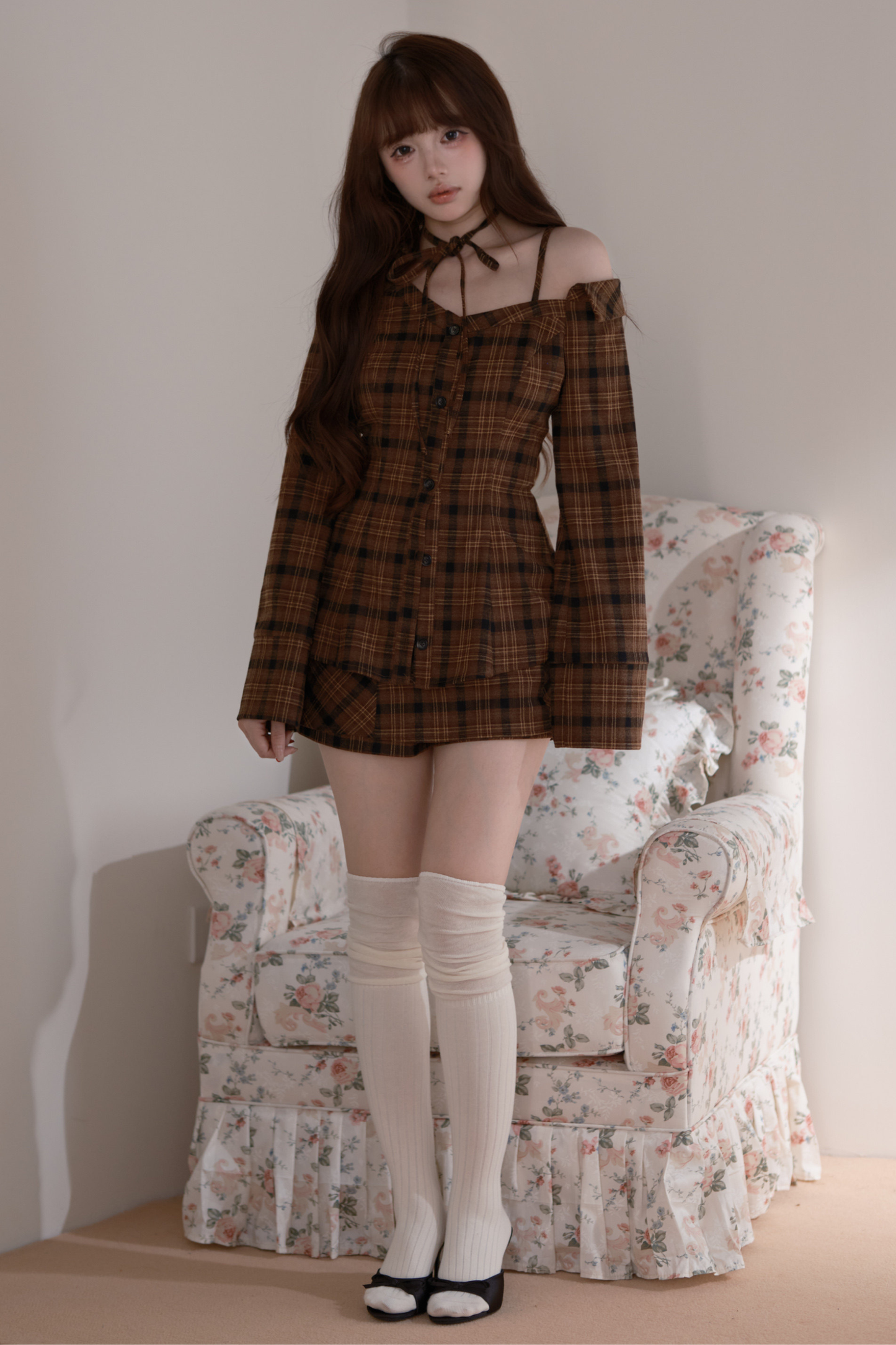 Checkered Off Shoulder Top + Shorts