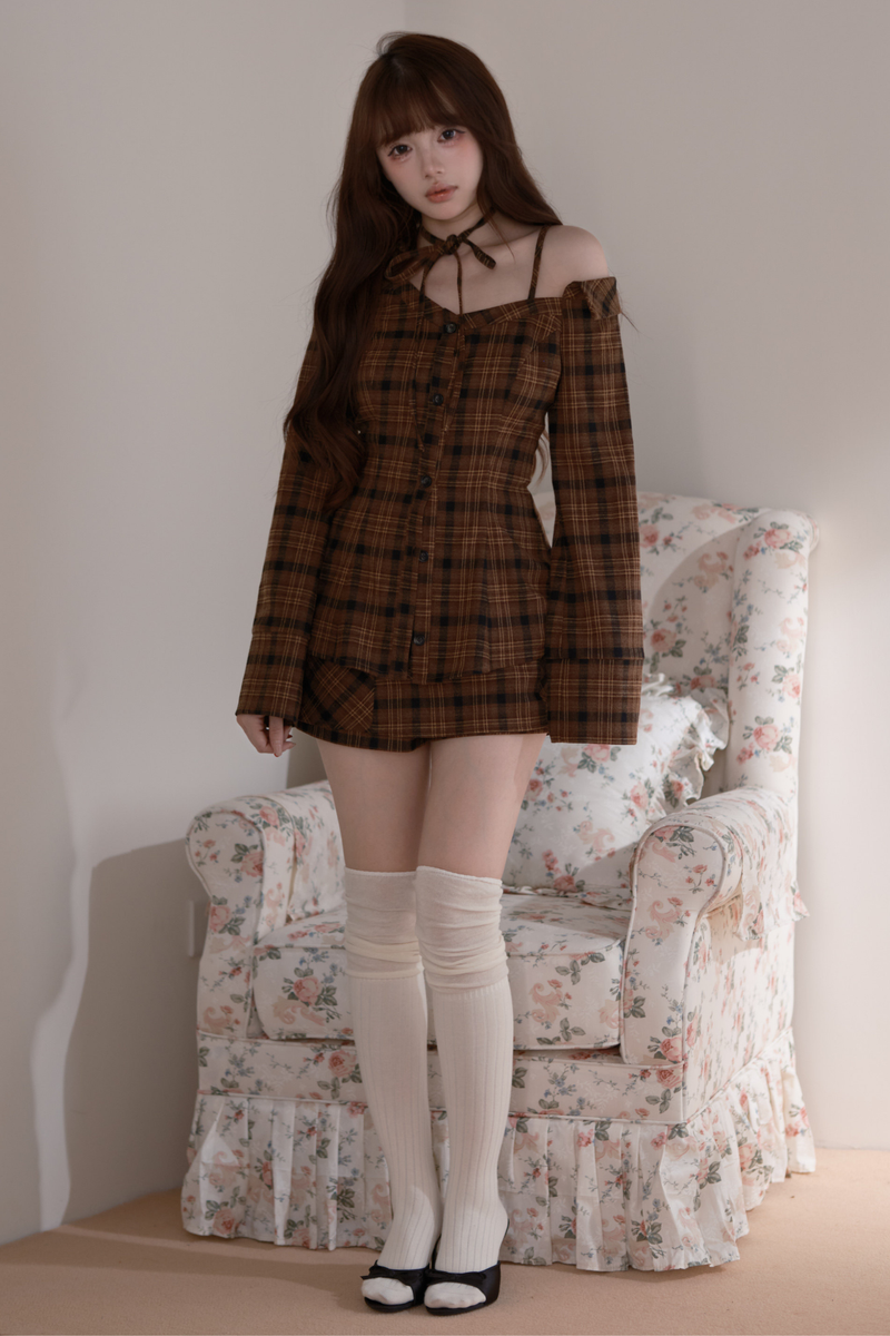 Checkered Off Shoulder Top + Shorts