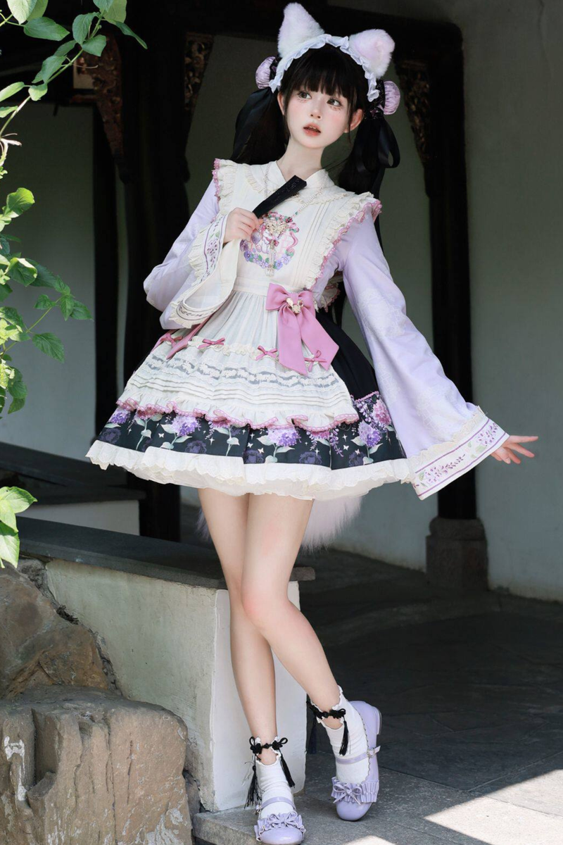 Chinese-style Lolita Top + Skirt + Apron + Headband + Bonnet
