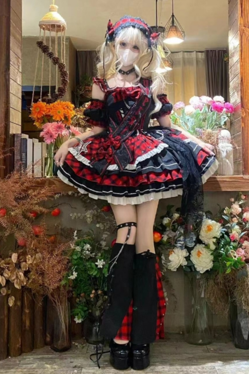 Dark Series Plaid Lolita Dress + Headband + Tail