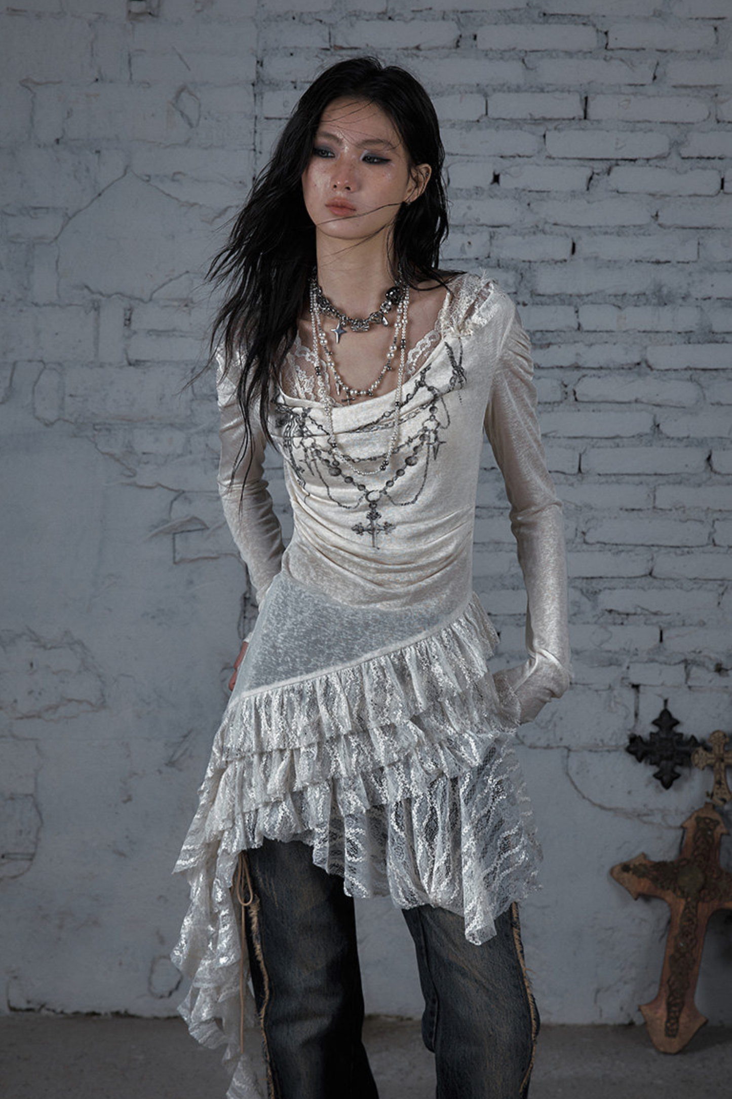 Punk Lace Hood Asymmetrical Dress
