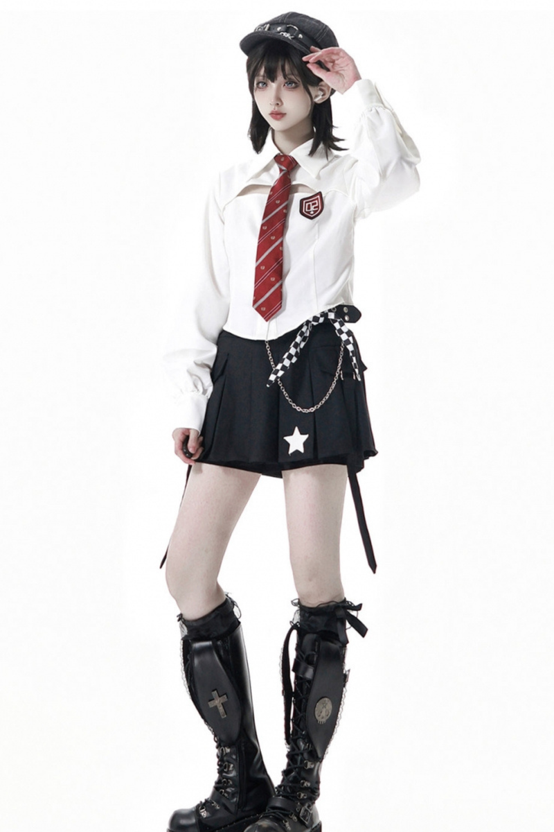 Biker Jacket + Shirt With Tie + Skirt + Belt