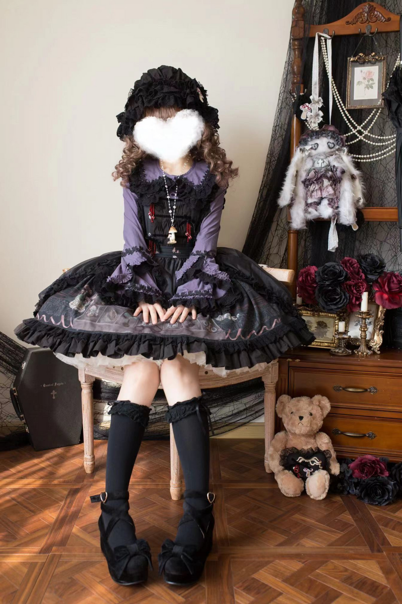 Ruffled Beaded Gothic Straps Printed Dress
