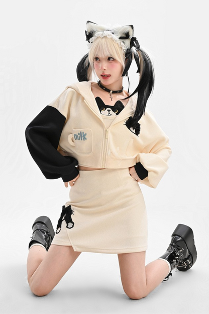 Cat Ear Hooded Short Parka + Camisole + Skirt