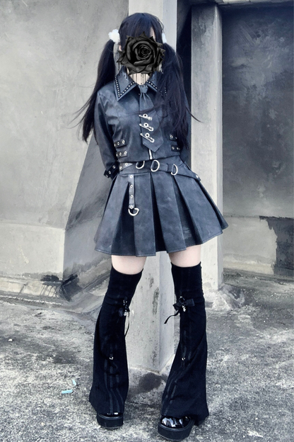 Gothic Matte Leather Dark Girl Top + Skirt