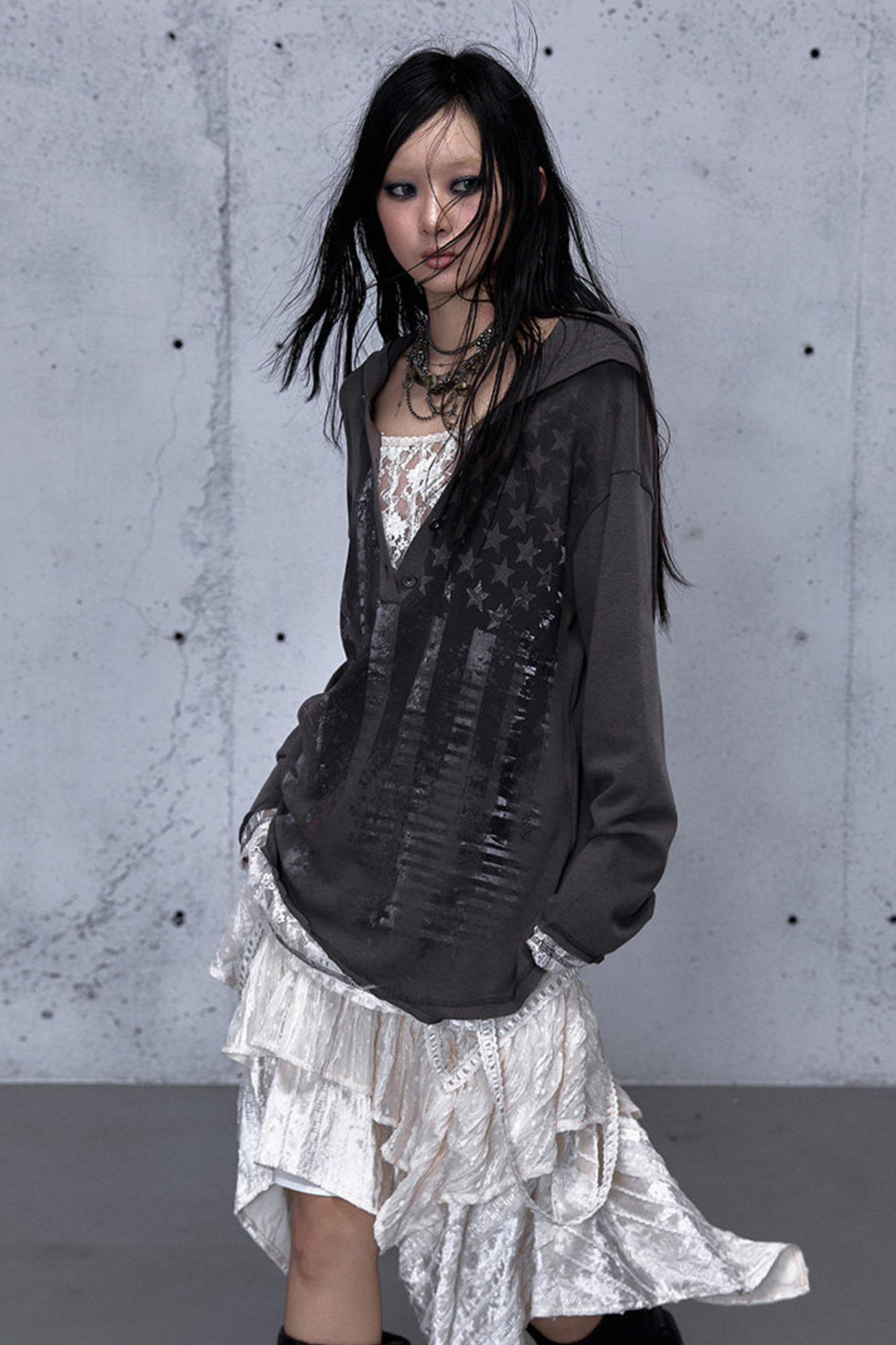 Lace Patchwork Loose Hooded Hoodie