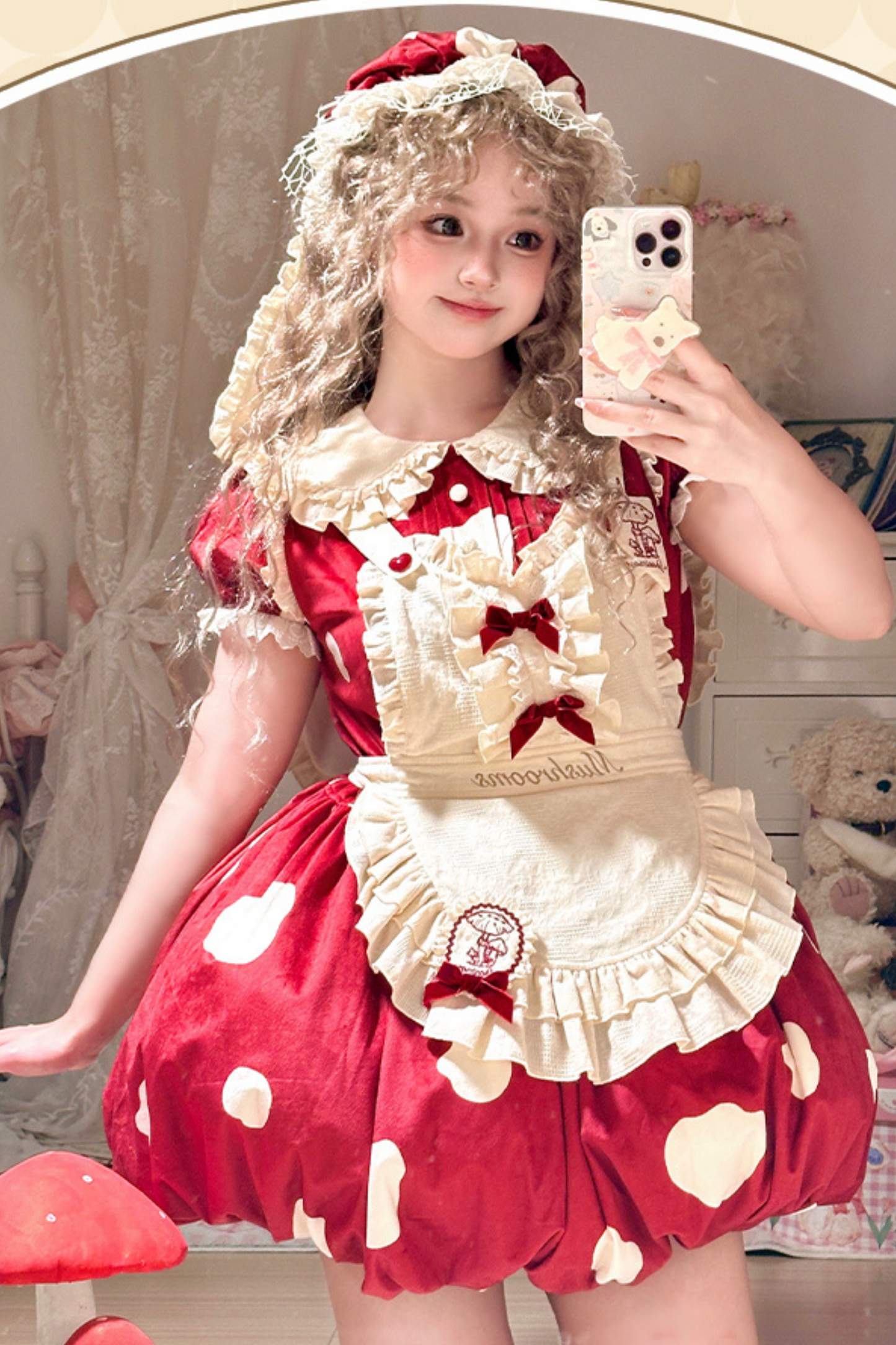 Mushroom Doll Dress + Ribbon Ruffle Apron + Ruffle Sleeves + Bunny Ear Hat