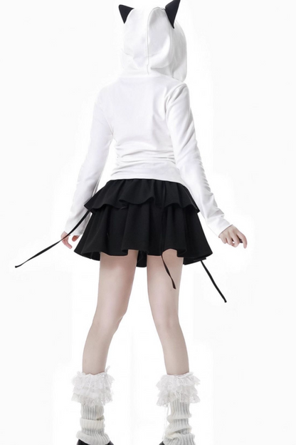 Cat Ear Hooded Top + Loose Knit Sweater + Cargo Pants + Strap Skirt