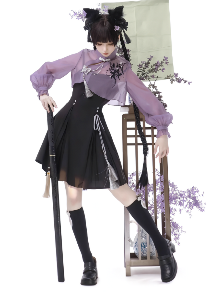 Chinese-style Embroidery Short Top + Suspender Skirt Suit