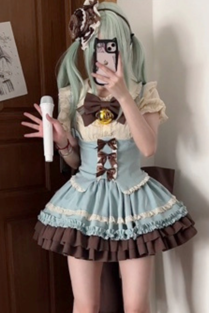 Sweet Cup Ribbon Lolita Skirt + Vest + Shirt + Ribbon + Train