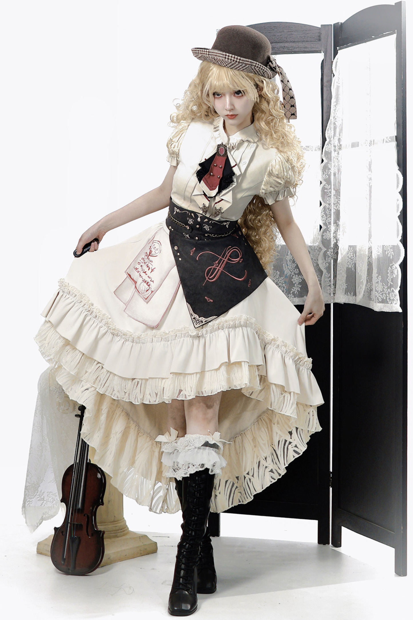 Lolita Puff Sleeve Top + Asymmetrical Skirt + Corset