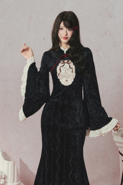 Retro Black Velvet Mermaid Tail Cheongsam Dress + Cape