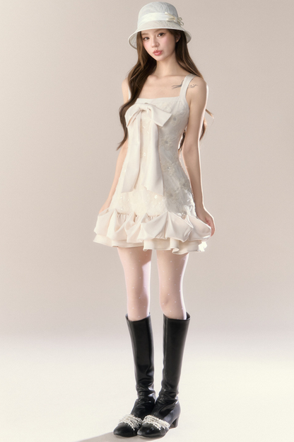 Ruffle Girly Pure Sleeveless Dress + Ribbon Cape