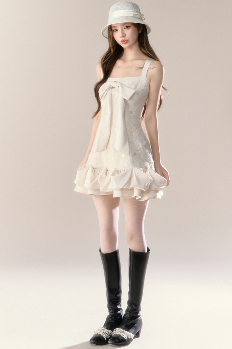 Ruffle Girly Pure Sleeveless Dress + Ribbon Cape