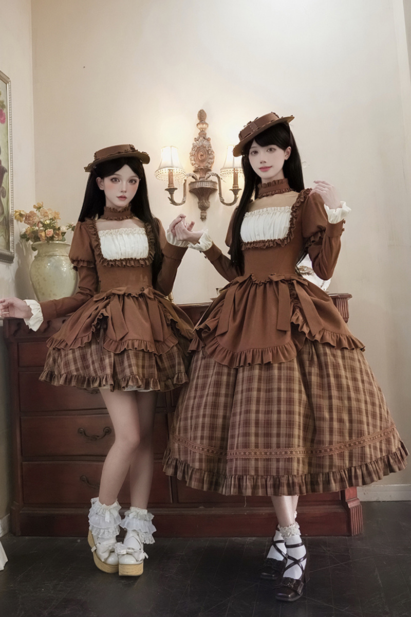 Sweet Checked Doll Dress + 2-way Ribbon + Bow + Hat