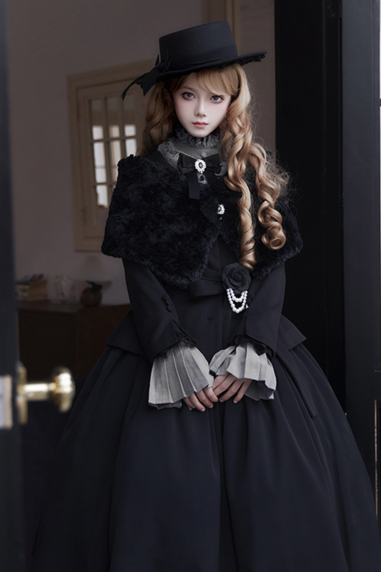 [pre-order] Dark Sweet Lolita Dress + Faux Collar + Necklace + Jacket + Ribbon + Sleeve + Fur Shawl