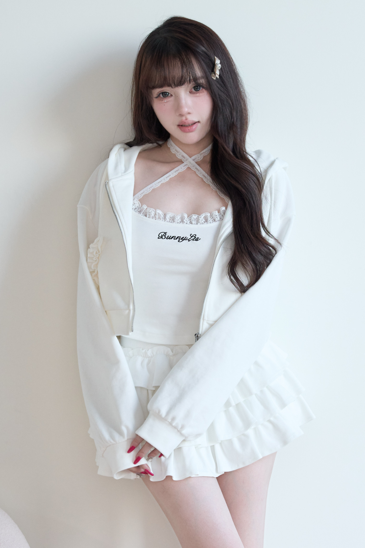 Hooded Hoodie + Camisole + Ruffled Skirt