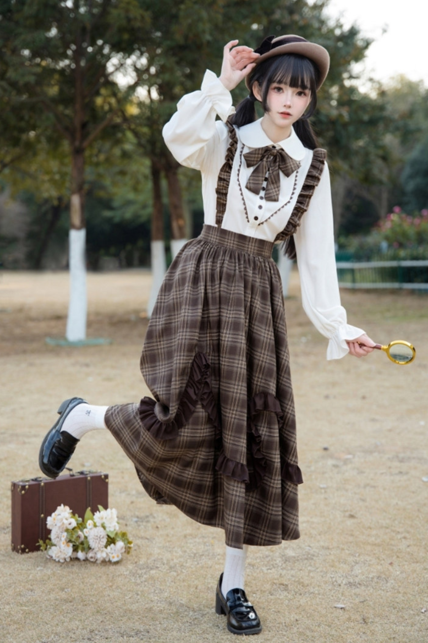 Retro Girly Plaid Skirt + Ruffle Blouse