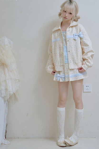 Flower Ribbon Jacket + Pleated Skirt