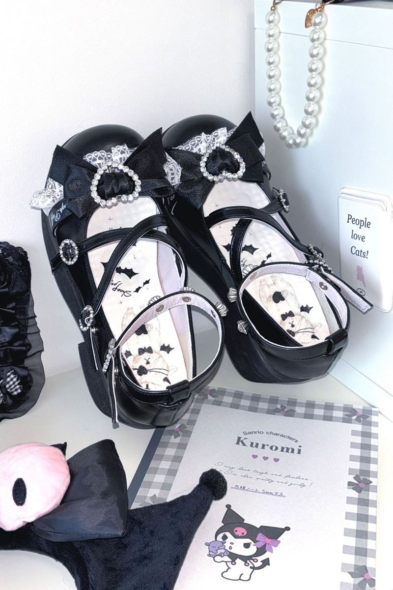 Lace Sheep Puff Lolita Lace Rhinestone Ribbon Flatform Shoes