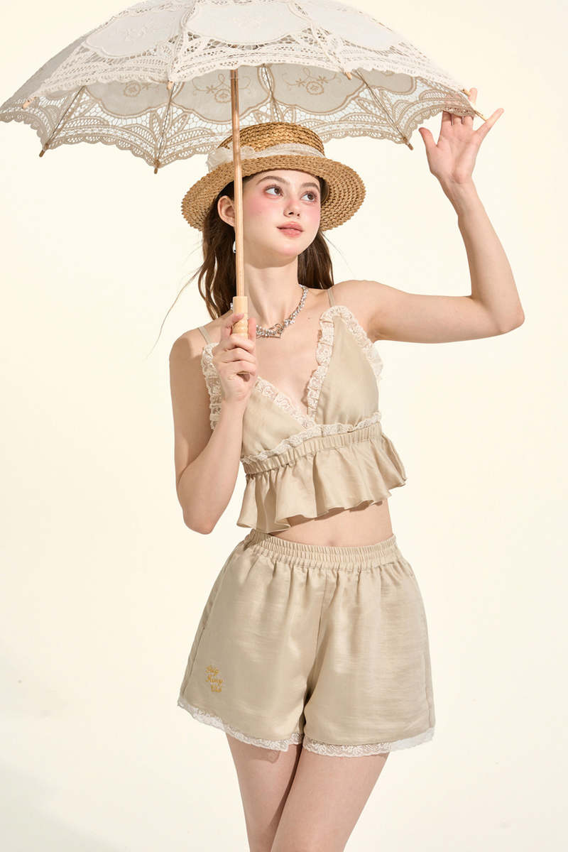 Pastille Style Khaki Lace Camisole + Shirt + Shorts