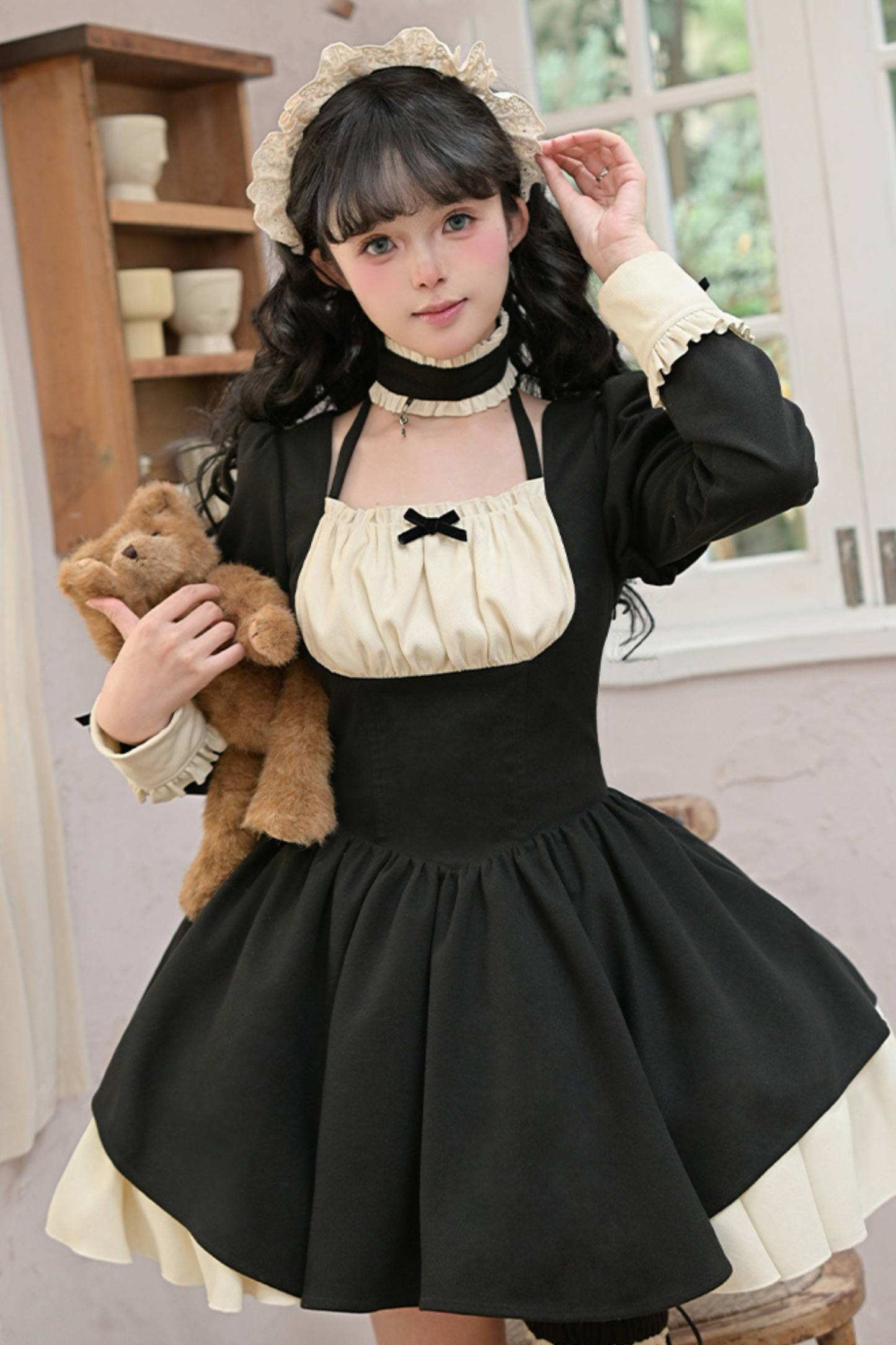 Twin Ruffle Maid Lolita Dress + Apron + Choker + Headband + Bow + Leg Warmers