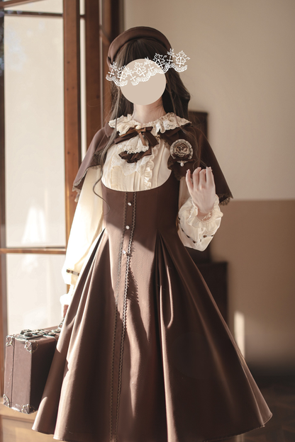 French Brown Lolita Dress + Cape + Beret + Badge