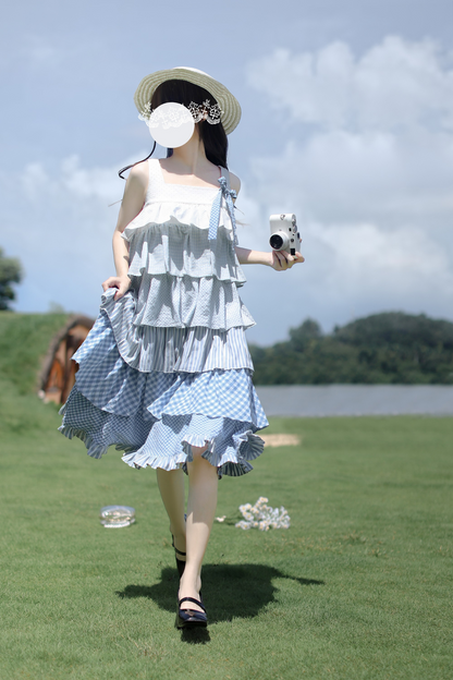 Sky Sweet Tiered Sleeveless Dress + Ribbon Brooch