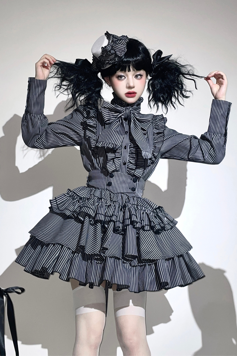 Striped Gothic Lolita Shirt + Tiered Skirt