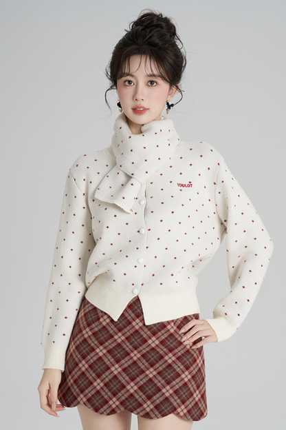 French Style Dotted Cardigan With Scarf