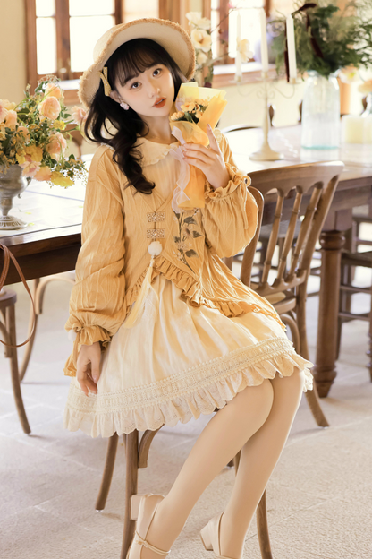 Retro Flower Chinese-style Cardigan + Flared Doll Collar Dress
