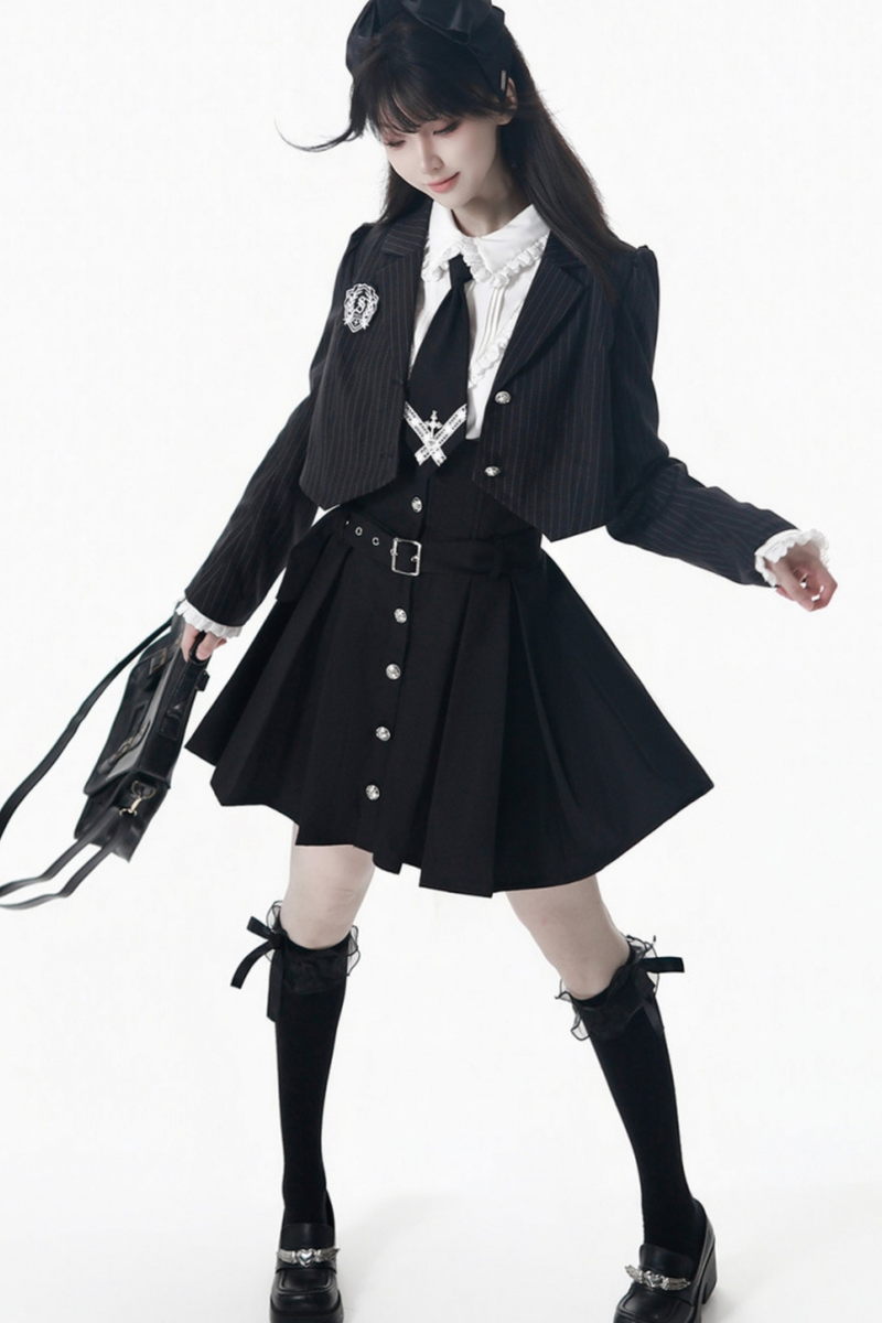 College Jacket + Suspender Skirt + Blouse + Tie