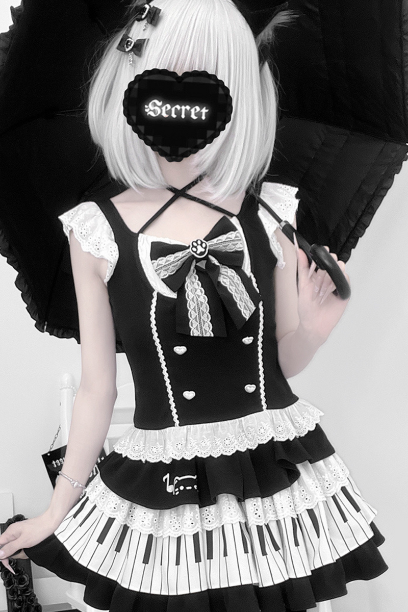 Dark Ruffle Top + Piano Skirt + Cat Sleeve