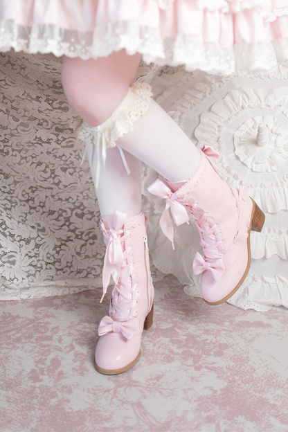 Ribbon Lace Up Mid Calf Boots