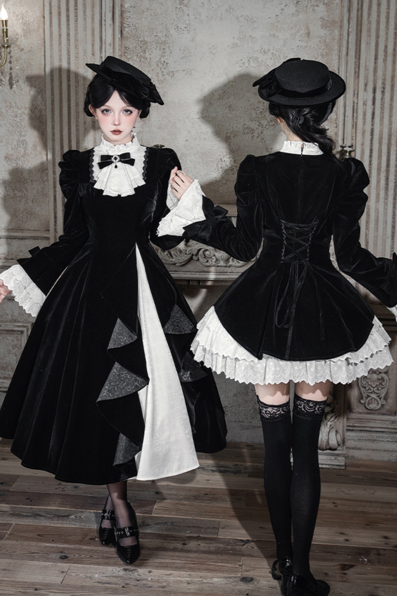 Slim Contrast Color Twin Dress + Collar + Bow + Brooch + Hat