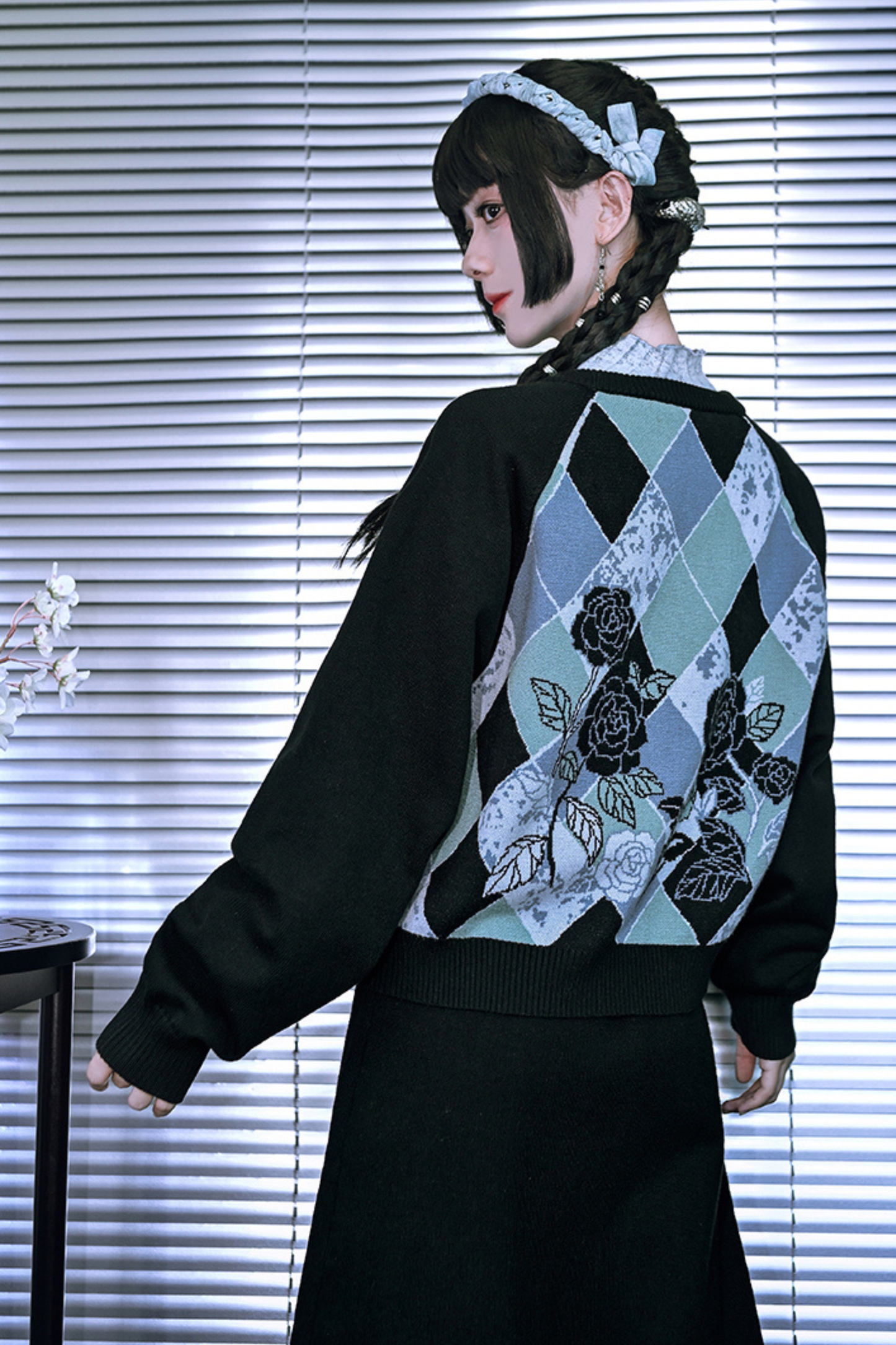 Argyle Cardigan + Asymmetric Skirt