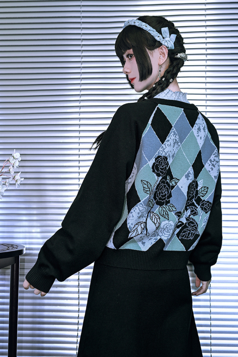 Argyle Cardigan + Asymmetric Skirt