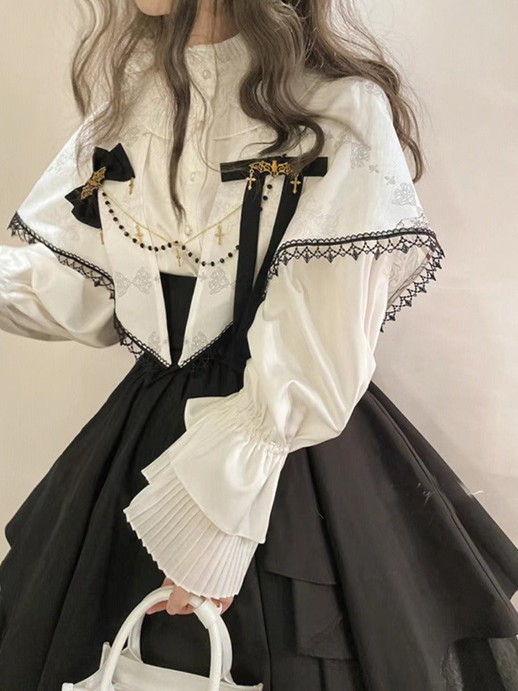 Cross Charm Ribbon Candy Sleeve Blouse + Waist Mark Irregular Hem Skirt