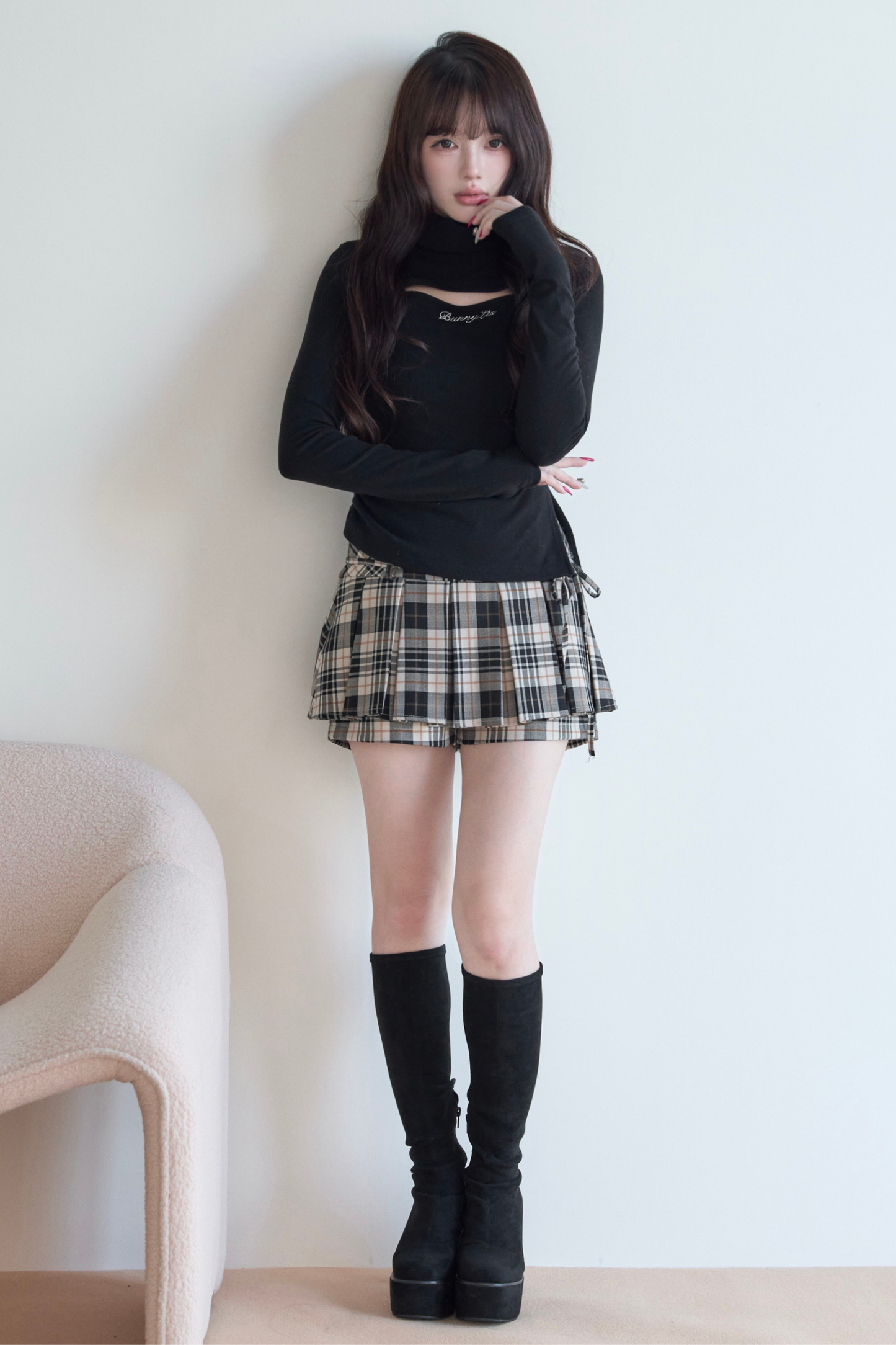 High Neck Knit Top + Plaid Skirt