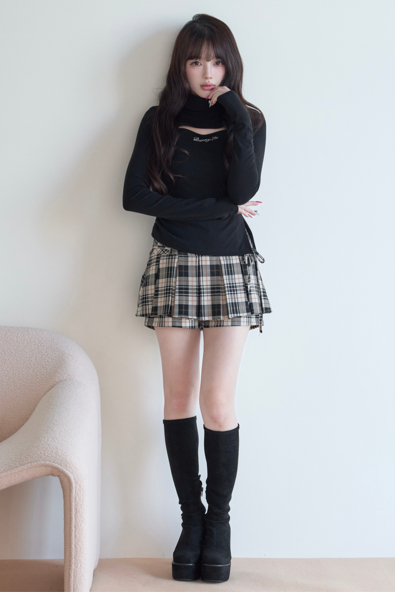 High Neck Knit Top + Plaid Skirt