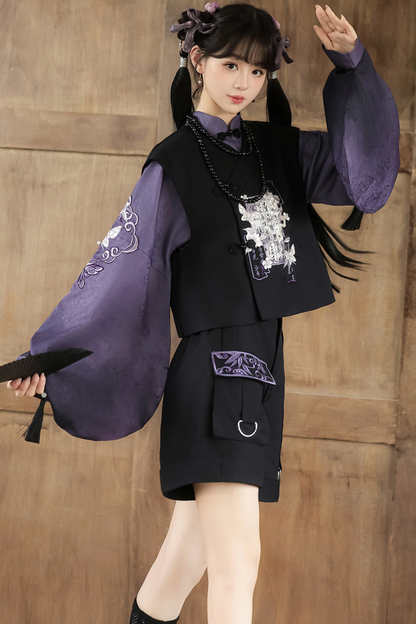 Dark Chinese-style Top + Vest + Shorts + Necklace