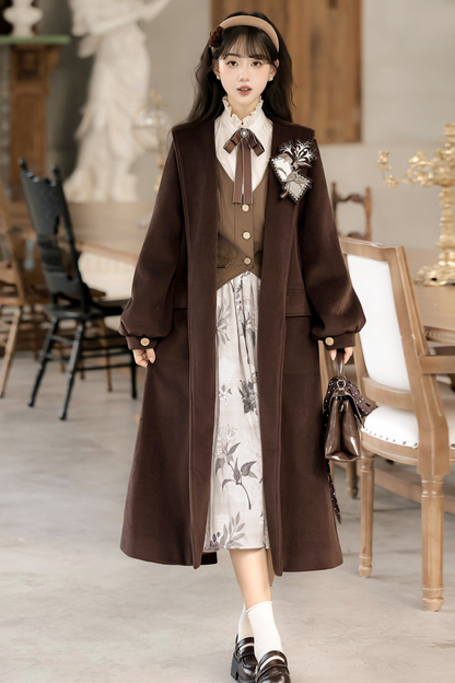 Retro Long Coat + Skirt + Shirt + Vest