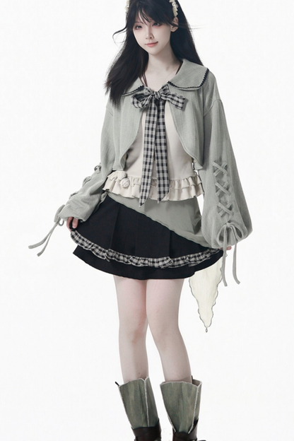 Plaid Ribbon Camisole Two Piece Jacket + Cape Coat + Skirt