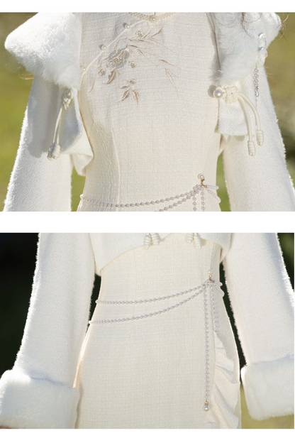 Retro Cheongsam Dress + Short Fur Coat