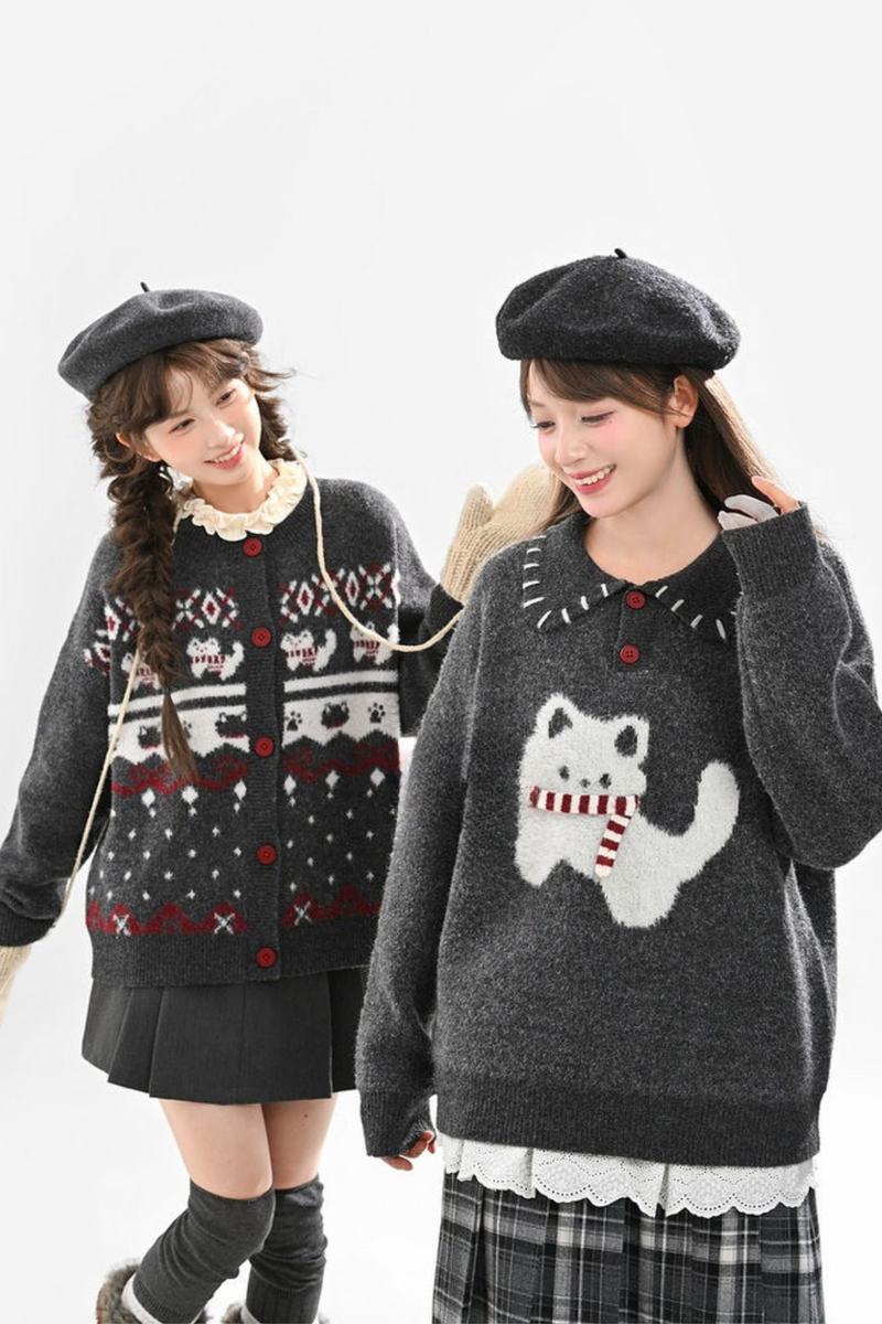 Cat Knit Sweater + Snowflake Cardigan