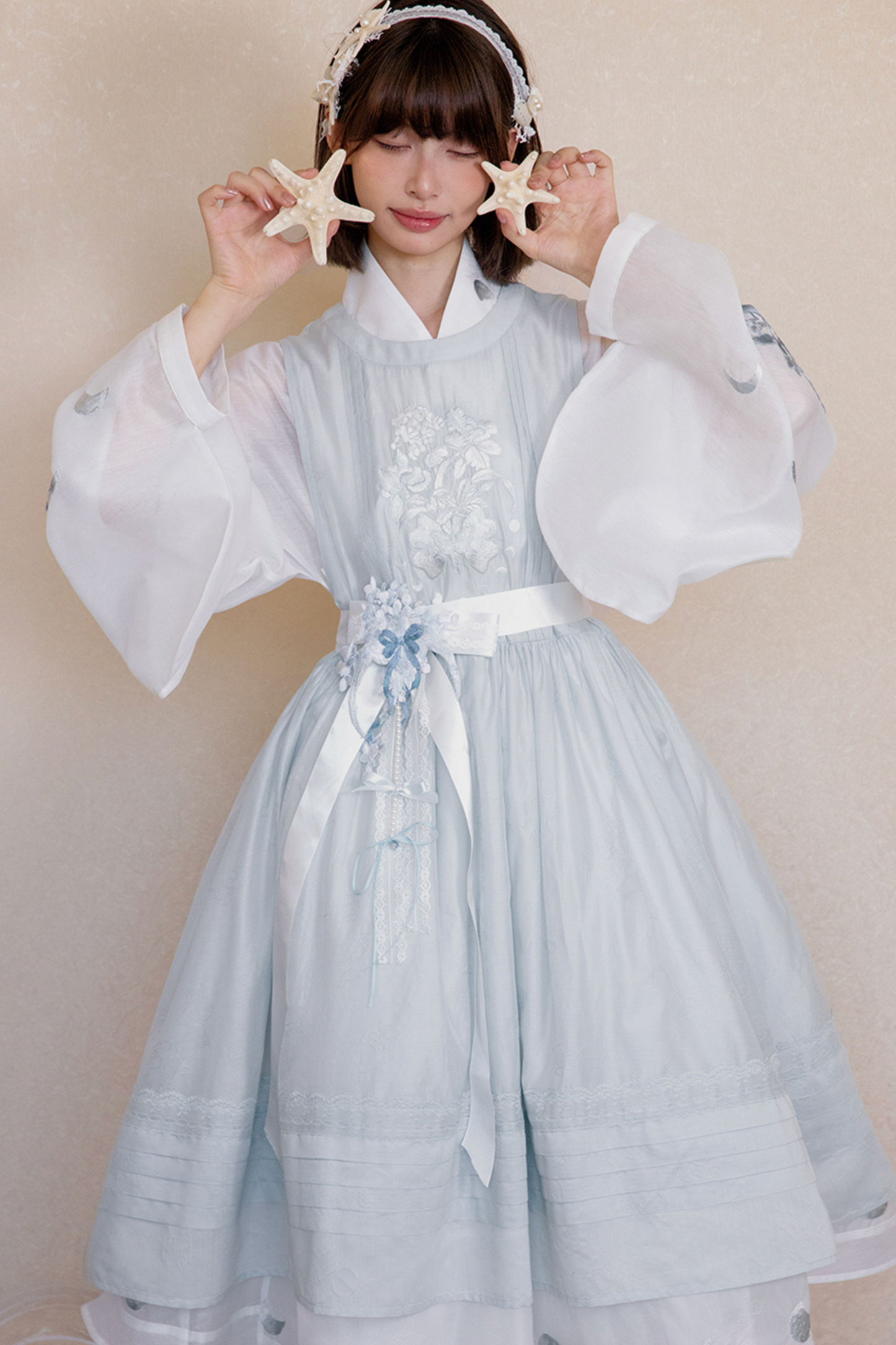 Pure White Chinese Dress + Cover Apron + Belt