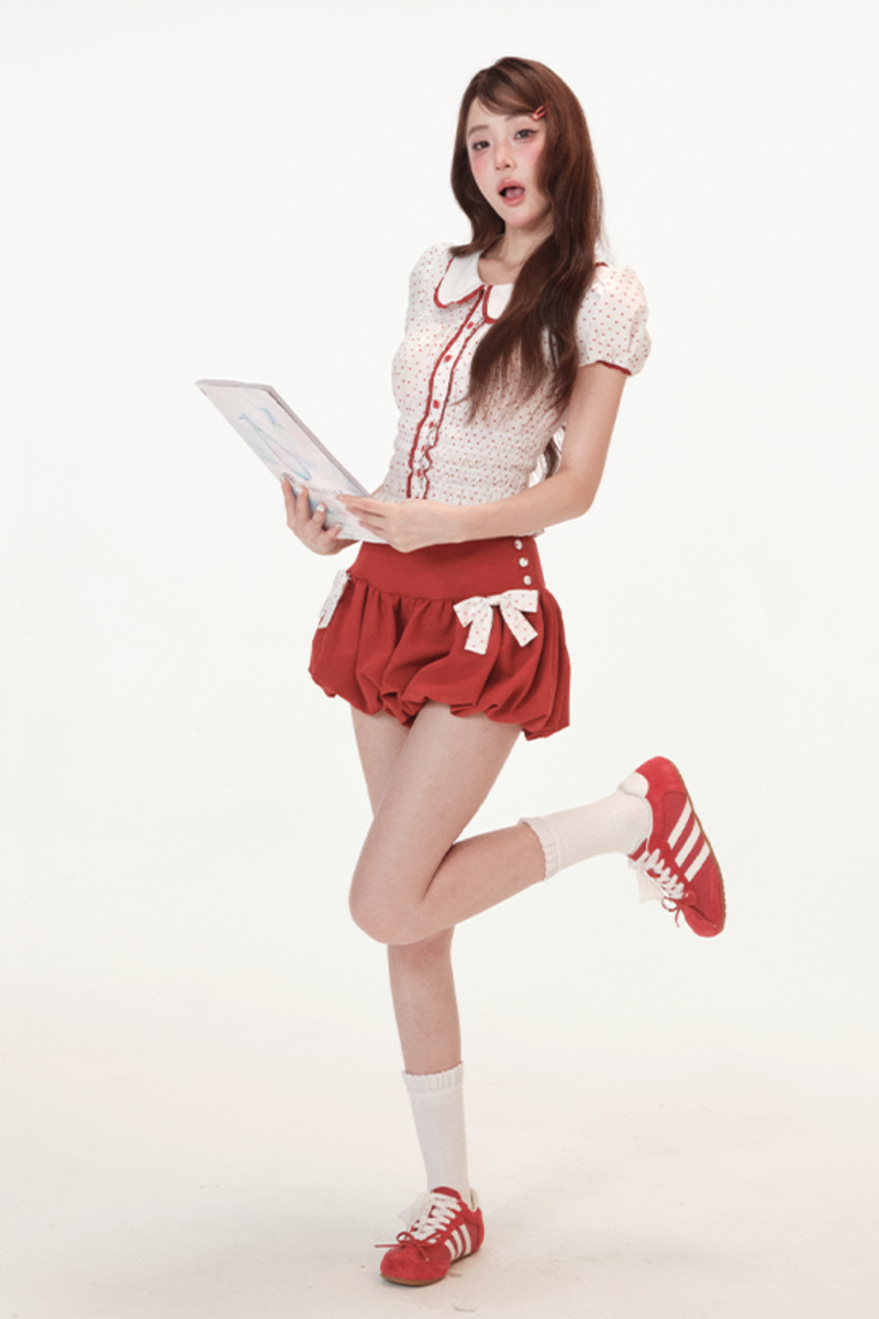 Polka Dot Puff Sleeve Doll Shirt + Ribbon Balloon Skirt Pants